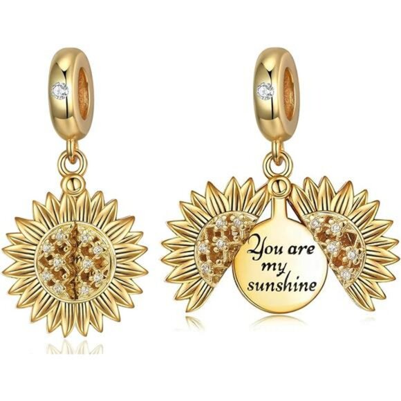 Sunflower dangle charm for bracelet gold plated zircon fit pandora jewelry gift - Picture 1 of 8